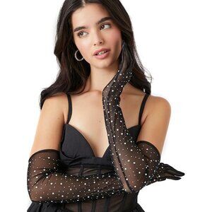 Women's Rhinestone Sparkly Mesh Sheer Gloves Black Long Elbow Length Party Prom